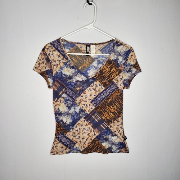 XOXO Other - XOXO Nylon Mesh Patchwork Floral Lettuce Hem Top Juniors Large 90s Indie Grunge